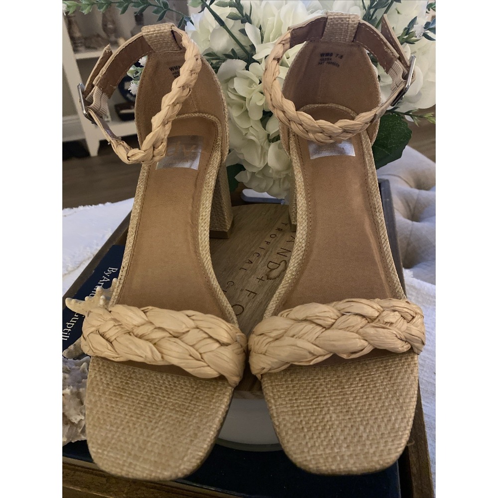 Dolce Vita Hassa Natural Woven Strappy Block Heel Sandals Beige 7.5